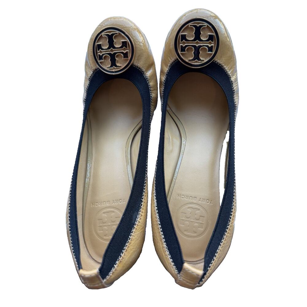 Tory Burch Caroline Wedge golden yellow with black trim size 9 M